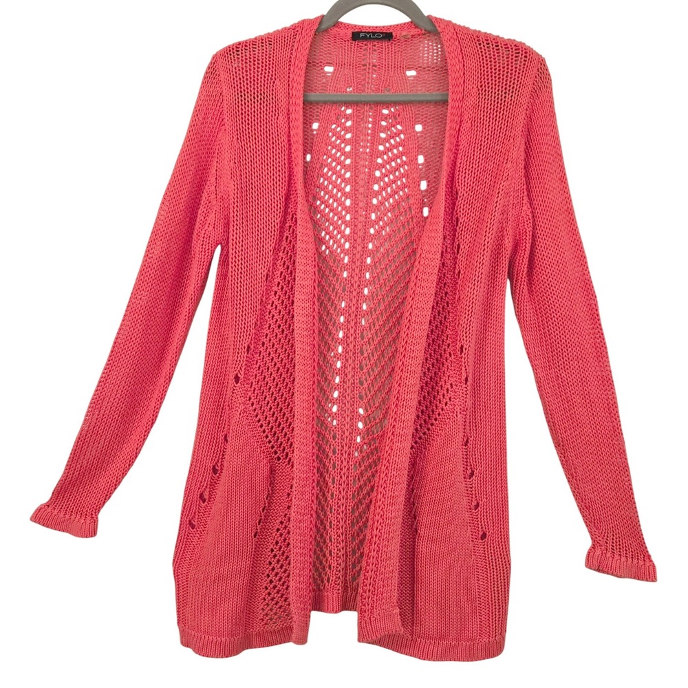 FYLO Women Coral Pink Pointelle Crochet Open Front Cardigan Sweater Small